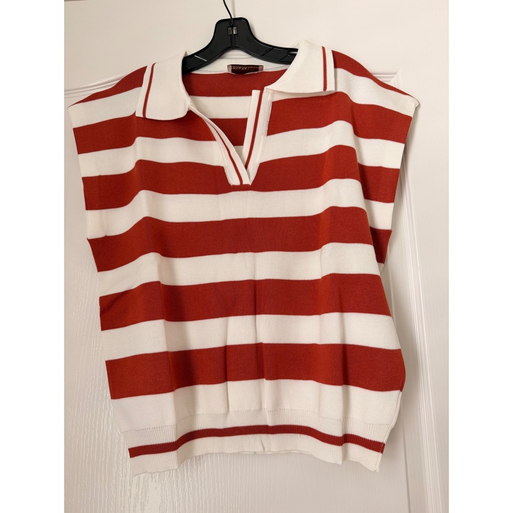 C 201. Zenana Rust Ivory Striped Sleeveless V-Neck Sweater Vest Top NEW - Picture 2 of 3